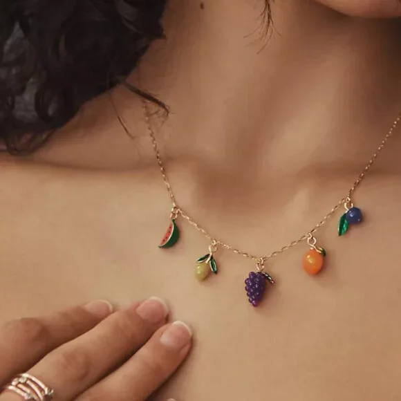 Anthropologie Fruit Charm Necklace 🍉🍋🍇🍊🫐 - Picture 2 of 3